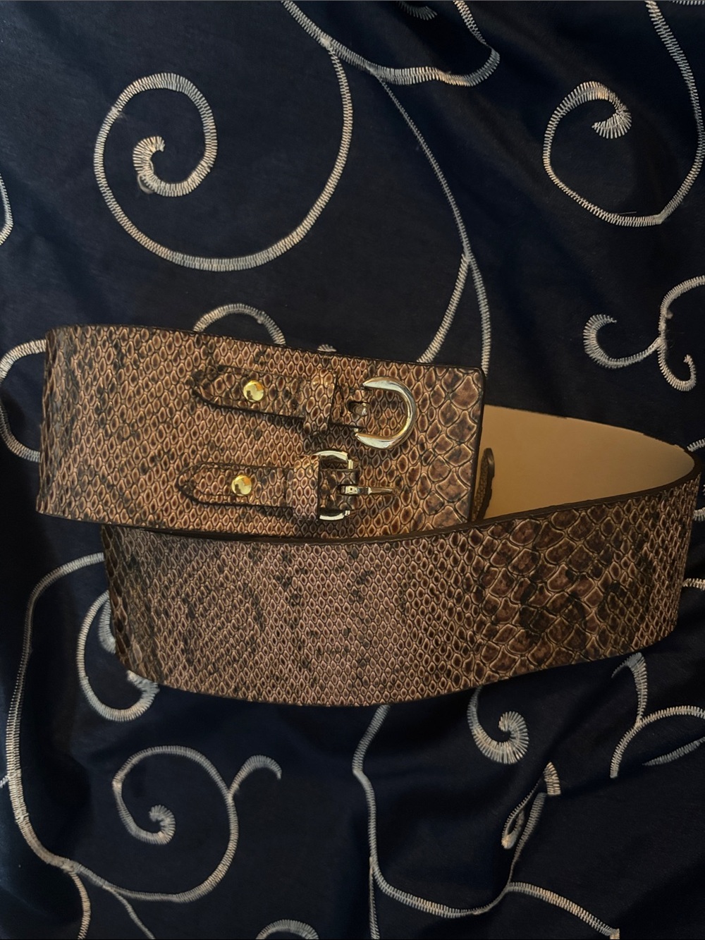 Wide Snake-Print Brown Women's Waist Belt with Dual Buckle